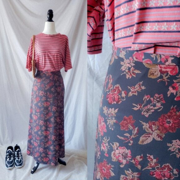 Grey red floral maxi midi skirt lightweight - Picture 1 of 6